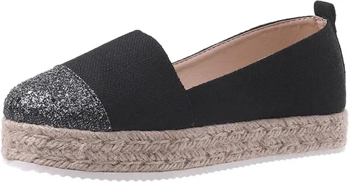 Miniatura 6 de Hbeylia Alpargatas de plataforma para mujer, transpirables, de algodón y lino, con purpurina, con lentejuelas, puntera cerrada, zapatos de tacón