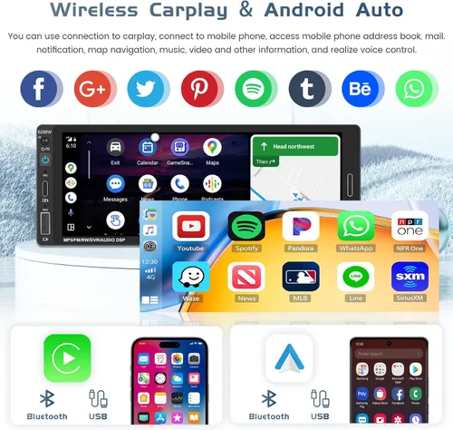 Miniatura 2 de Radio de coche de un solo DIN estéreo con Apple Carplay Android Auto, pantalla táctil HD de 6.9 pulgadas, receptor Bluetooth, enlace de espejo