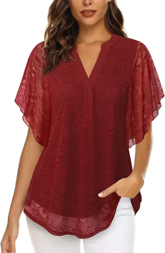 Miniatura 2 de Timeson Blusas de manga corta con cuello en V para mujer, camisas florales de doble capa de malla