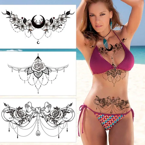 Miniatura 3 de Glaryyears Tatuajes temporales para el pecho y debajo del seno para mujeres adultas, paquete de 6, tatuajes falsos negros realistas grandes de larga