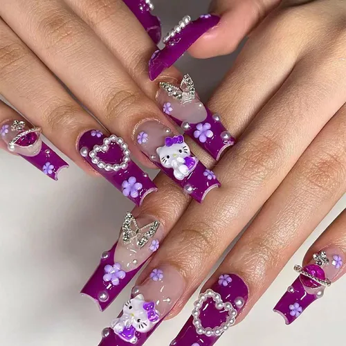 Miniatura 12 de Uñas postizas a presión con estampado de leopardo, lindas uñas postizas con dijes, uñas largas de ataúd, uñas postizas de cobertura completa