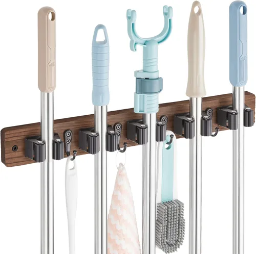 Miniatura 19 de OUTNILI Soporte de Pared Negro para Escoba y Trapeador con 4 Ranuras y 4 Ganchos - Colgador de Escoba y Trapeador de Madera Rústica para Despensa
