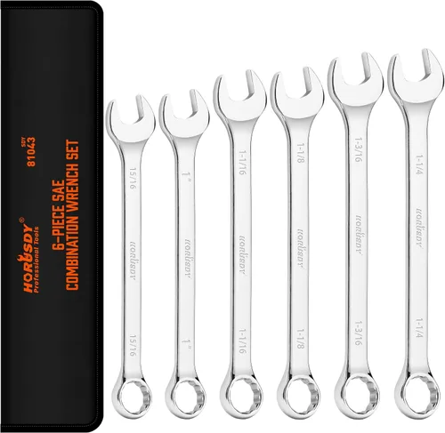 HORUSDY Juego de llaves grandes con bolsa rodante | SAE | 6 piezas | 15/16″, 1″, 1-1/16″, 1-1/8″, 1-3/16″, 1-1/4″ | 12 puntos | Acero al cromo