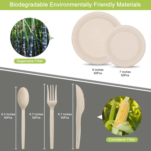 Miniatura 3 de Unves - Juego de 250 platos de papel compostables con utensilios extralargos, juego de vajilla desechable de fibras de caña de azúcar, platos Marrón