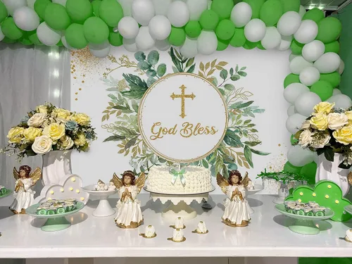 Miniatura 2 de Mocsicka Telón de fondo de la primera comunión para bautizo, decoración de fiesta de bautizo, hojas verdes, recién nacido, baby shower, fotografía