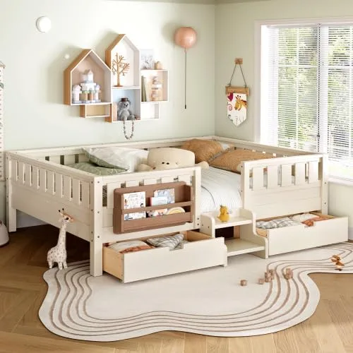 Bellemave Cama Montessori de tamaño Queen con 2 cajones y estantería, camas de suelo para niños con barandillas de seguridad y escaleras, marco de