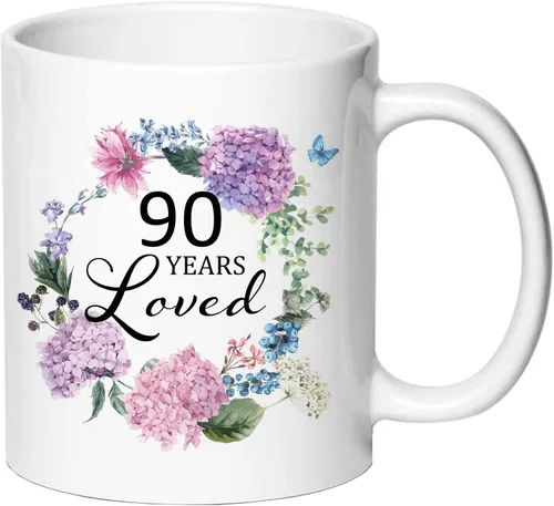 Taza de café 90 Years Loved – Ideas de regalo de cumpleaños 90 para mujeres, taza de 11 onzas, regalo para mujeres de 90 años, mamá, abuela, esposa,
