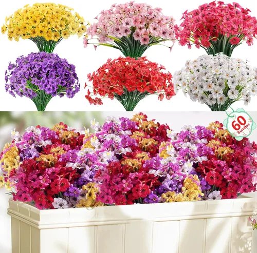 Miniatura 18 de Paquete de 22 flores artificiales para exteriores, flores sintéticas resistentes a los rayos UV con plantas de plástico, flores de seda sintética