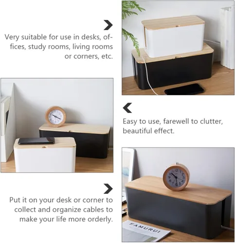 Miniatura 3 de Toyvian Cable Storage Box Power Line Manager with Natural Wood Lid, Medium Black Charging Cable Organizer for Home and Office Cord Management