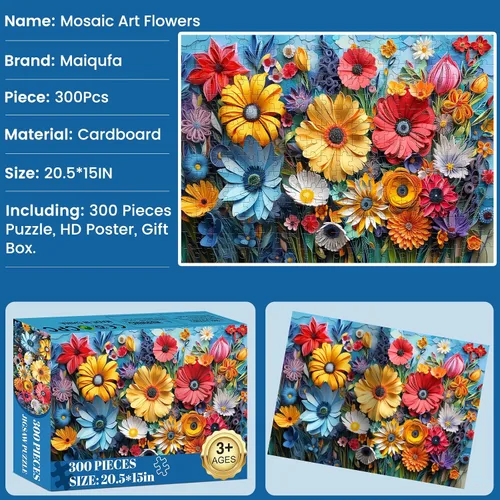 Miniatura 6 de Rompecabezas de 300 piezas para adultos Rompecabezas de piezas grandes de flores coloridas Rompecabezas de cartón reciclado de 300 piezas