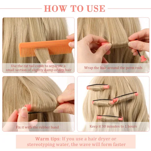 Miniatura 3 de 48 varillas de cabello ondulado frío y rizadores de plástico con peine de acero para peluquería y peinado (rosa, 0.51 pulgadas/0.5 in)