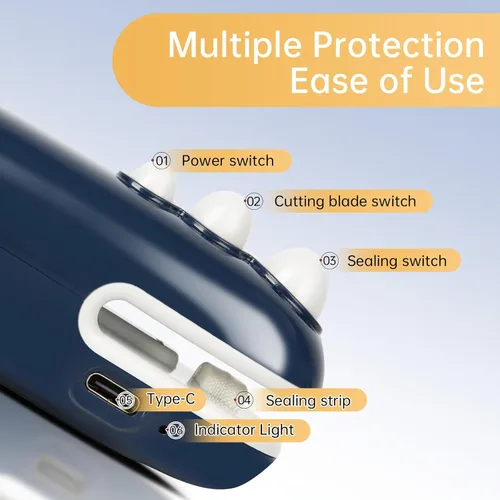 Miniatura 3 de Mini sellador de bolsas portátil, sellador térmico 2 en 1 con cortador e imán integrados, recargable USB-C, ideal para bolsas de aperitivos (azul)