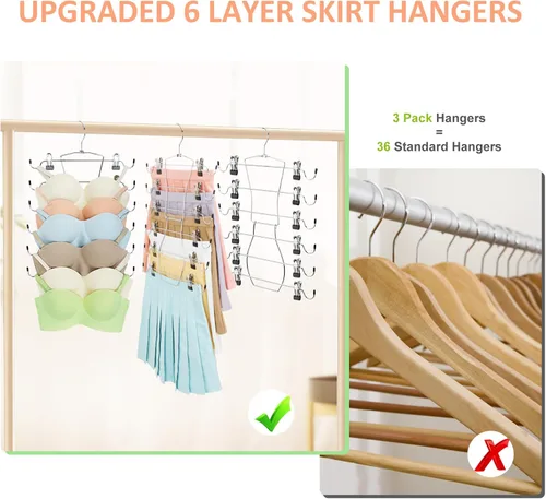 Miniatura 3 de Organizador de perchas de 6 niveles para faldas, perchas de metal para pantalones que ahorran espacio con clips ajustables para 36 faldas