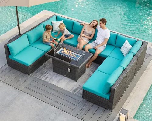 Miniatura 30 de BULEXYARD Juego de 7 piezas de sofá seccional para exteriores con respaldo alto, mesa para fogatas, juego de muebles de patio de mimbre resistente a