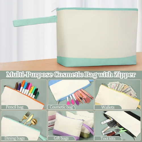 Miniatura 5 de Silkfly Bolsas de maquillaje de lona de algodón con cremallera cosmética de 10.2 x 5.5 x 2 pulgadas, bolsa de bricolaje en blanco a granel