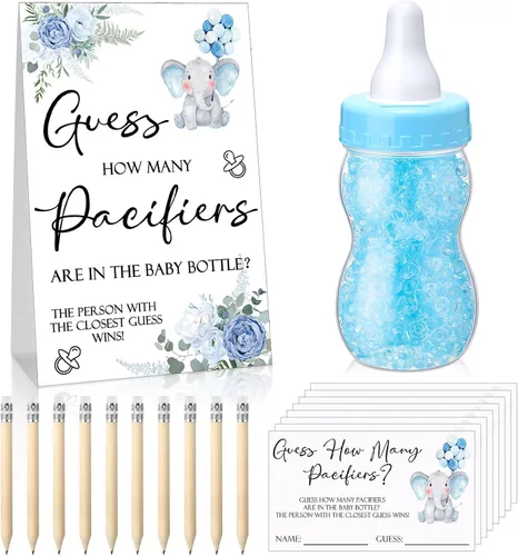 Roowest 512 piezas de juegos de baby shower Adivina cuántos chupetes firman 100 pequeños juegos de adivinanzas, 10 lápices HB, botella de leche de
