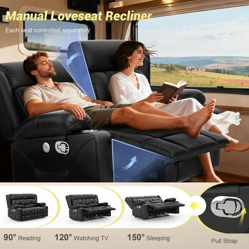 Miniatura 4 de Sofá reclinable eléctrico de 3 plazas con consola, puertos de carga USB, portavasos, sofás reclinables para sala de estar, caravana, color negro