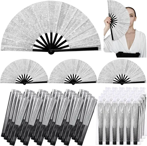Miniatura 8 de Vercraft 24 abanicos de mano plegables grandes con purpurina para baile de línea, fanáticos de baile con bolsa, aplaudiendo, raves, fanáticos a Rosa