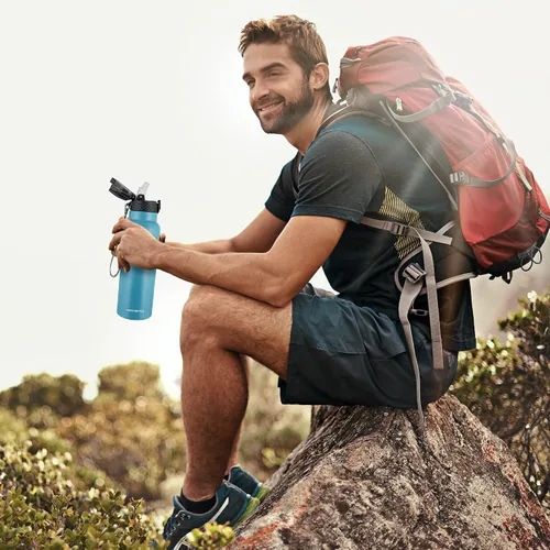 Miniatura 7 de Han's Bottle Botella de agua deportiva de 24 onzas, tapa con pajilla, a prueba de fugas, acero inoxidable aislado al vacío, doble pared, taza Océano