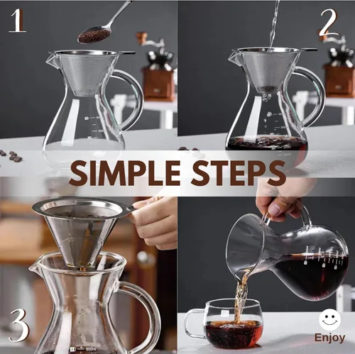 Miniatura 4 de Cafetera vertida, jarra de vidrio de borosilicato de 27 onzas (27.1 fl oz), filtro de acero inoxidable reutilizable, gotero sin papel