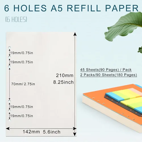 Miniatura 2 de Toplive Papel de repuesto A5, relleno de hojas sueltas en blanco, 90 hojas (180 páginas) con 5 divisores coloridos y 1 paquete de notas adhesivas