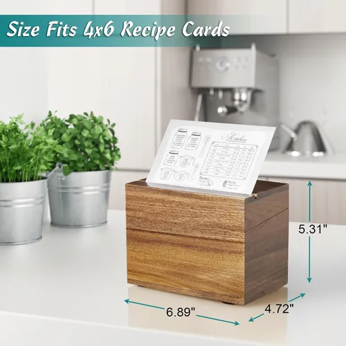 Miniatura 4 de DRASTAR Caja de tarjetas de recetas, soporte para recetas de acacia de 4 x 6, organizador de recetas con 50 tarjetas y 6 divisores, caja de tarjetas