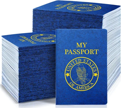 Woanger 100 unidades de pasaporte en blanco para niños, cuaderno de pasaporte, azul a granel de 4 x 5.5 pulgadas, puerto de pase falso para
