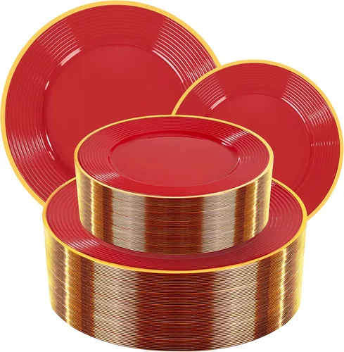 Miniatura 20 de Liacere 100 platos de plástico negro, platos desechables resistentes, platos negros y dorados, incluye platos para cena/postre para bodas, fiestas