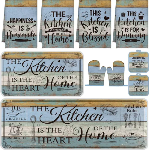 Miniatura 10 de Fourluoo Juego de 10 piezas de decoración y accesorios de cocina de granja, 4 toallas de cocina, 2 soportes para ollas, 2 guantes de horno, 2 Verde