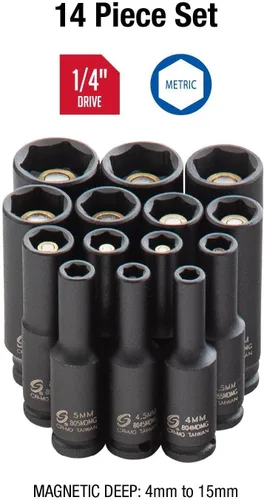 Miniatura 3 de Sunex Tools 1831, juego de llaves de impacto magnético profundo de 1/4 pulgada, 14 piezas, métrico, 4 mm - 15 mm, acero de aleación Cr-Mo, estuche