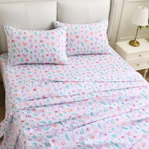 Miniatura 6 de Viviland Juego de sábanas de 3 piezas con estampado botánico de mariposas y flores rosas y moradas, sábanas de microfibra suave y transpirable