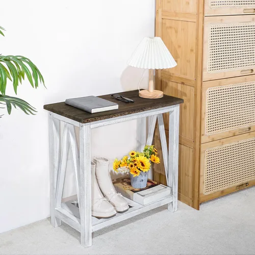 Miniatura 6 de Mesa auxiliar de granja, mesa auxiliar estrecha para sala de estar, mesas auxiliares delgadas con estante de almacenamiento, mesita de noche de 2
