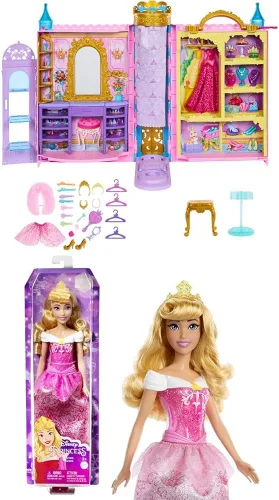 Paquete de Mattel Disney Princess Closet Playset con 2 moda, 25 accesorios, tocador, vestidor, pasarela y almacenamiento, se abre a 2 pies + muñeca