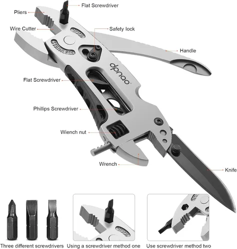 Miniatura 2 de Llave multiherramienta ajustable, herramienta de bolsillo multifuncional de acero inoxidable 5 en 1, llave de cruz, destornillador, alicates