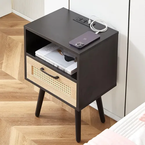 Miniatura 14 de Mesita de noche, mesa auxiliar con cajón decorativo de ratán y patas de madera maciza, mesa decorativa de madera con almacenamiento para dormitorio