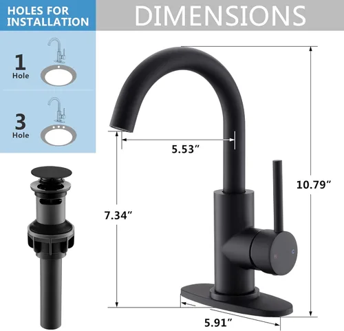 Miniatura 6 de Grifo de Baño Negro Grifos de Tocador Negro Mate con Desagüe Pop-Up, Grifos Modernos de Lavabo de Baño de Un Solo Orificio con Placa de Cubierta