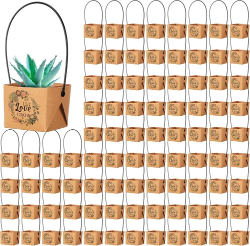 Miniatura 8 de Aliceset 100 bolsas de regalo para suculentas con asa de plástico, caja de regalo de papel kraft, cesta de regalo para baby shower, boda, fiesta,