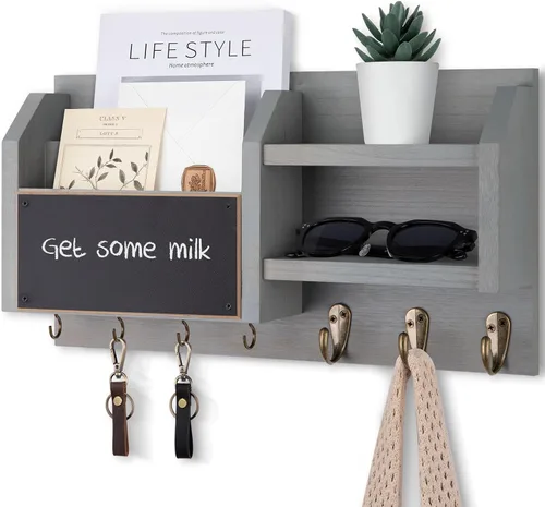 Miniatura 9 de Lwenki Soporte para llaves y correos – Colgador de pared para llaves con estante y 7 ganchos de metal – Organizador decorativo de entrada de madera