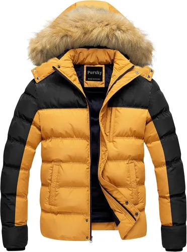 Miniatura 18 de Pursky Chaqueta de plumón impermeable para hombre, abrigos de invierno con capucha de piel para esquiar, parka con capucha de piel