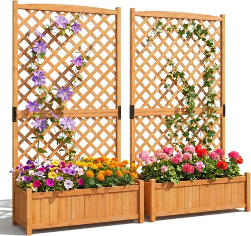 Miniatura 11 de Giantex Cama de jardín elevada con enrejado, contenedor de madera de 60 pulgadas con agujeros de drenaje, enrejado alto para colgar macetas