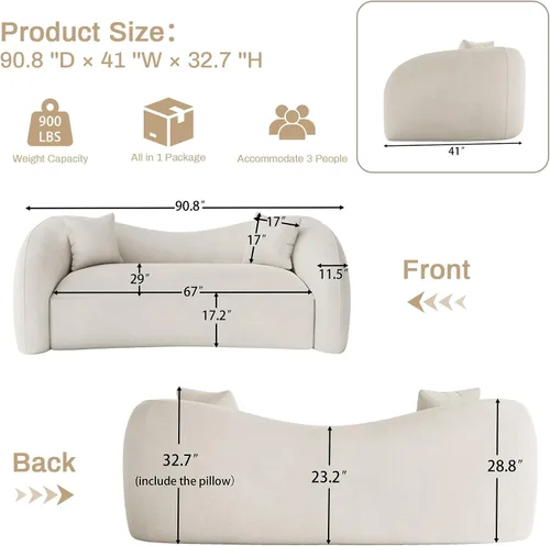 Miniatura 2 de Sofá curvado de 90.8 pulgadas para sala de estar, moderno y cómodo sofá de felpilla de 3 plazas sin hueso, asiento extra profundo y ancho con 2 Beige