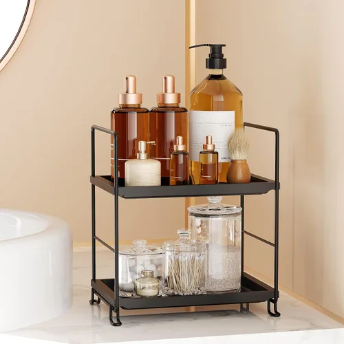 Miniatura 6 de NLBTW Organizador de encimera de baño de 2 niveles, de plástico grueso, organizador de perfumes para el cuidado de la piel para tocador, instalación