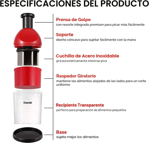 Miniatura 6 de Geedel - Picador de alimentos, manual fácil de limpiar, picador de verduras de mano, apto para lavavajillas, picador de cebolla para verduras, Rojo