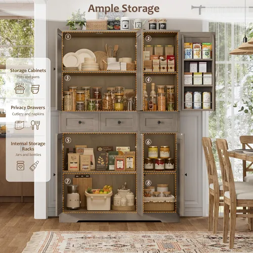 Miniatura 7 de HOSTACK Moderno armario de almacenamiento de despensa de cocina de granja, armario de despensa de cocina de 67 pulgadas de alto con puertas