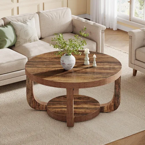 Miniatura 3 de Tribesigns - Mesa de café redonda, mesa de café circular de 2 niveles con almacenamiento, mesa auxiliar moderna de acento de madera para sala