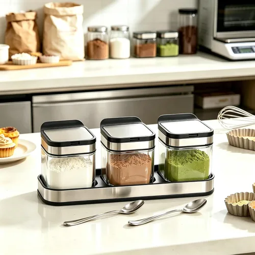 Miniatura 7 de DEAYOU Paquete de 3 cajas de condimentos de vidrio con bandeja, recipiente transparente para condimentos con tapa de acero inoxidable 18/10
