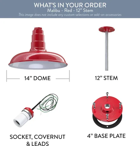 Miniatura 9 de Steel Lighting Co. Malibu - Lámpara colgante Montaje en techo Domo de 14 pulgadas vástago de 12 pulgadas Estilo de granja de acero Rojo