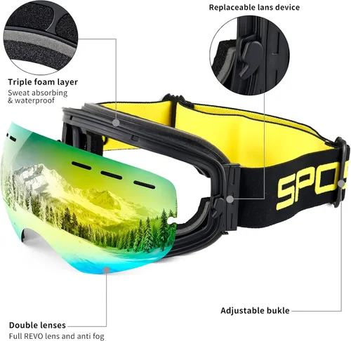 Miniatura 4 de SPOSUNE Gafas de esquí sobre lentes, gafas de nieve para hombres, mujeres, jóvenes, snowboard, esquí, gafas de nieve antivaho UV400 Sg-003-dorado