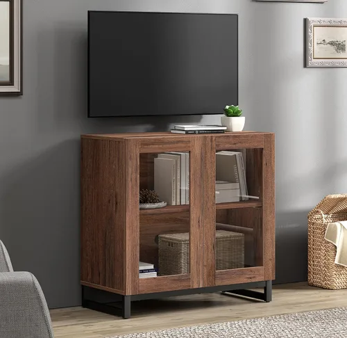 Miniatura 30 de WAMPAT Moderno soporte de TV con puertas de vidrio para televisores de 32 a 40 pulgadas, consola central de entretenimiento con estantes ajustables