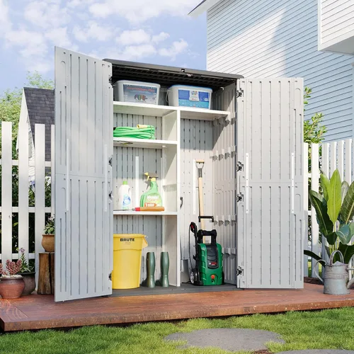 Miniatura 11 de Aoxun Cobertizo de almacenamiento para exteriores de resina blanca con 2 estantes y piso, gabinete vertical impermeable de 64 pies cúbicos